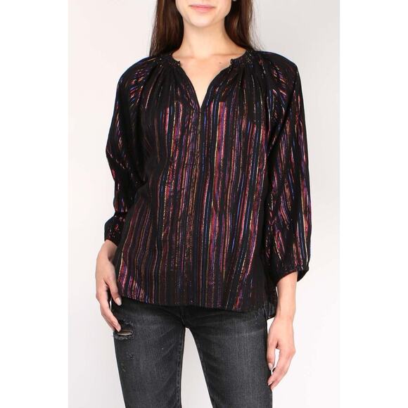 Apiece Apart Isla Blouse Womens Size 0 Rainbow Metallic Stripes Balloon Sleeve‎ - Picture 1 of 9